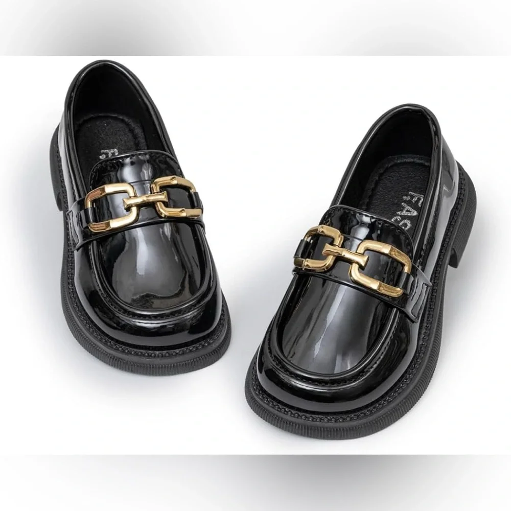 Kids Shoes -Elegant Black Loafers with‎ Gold Buckle